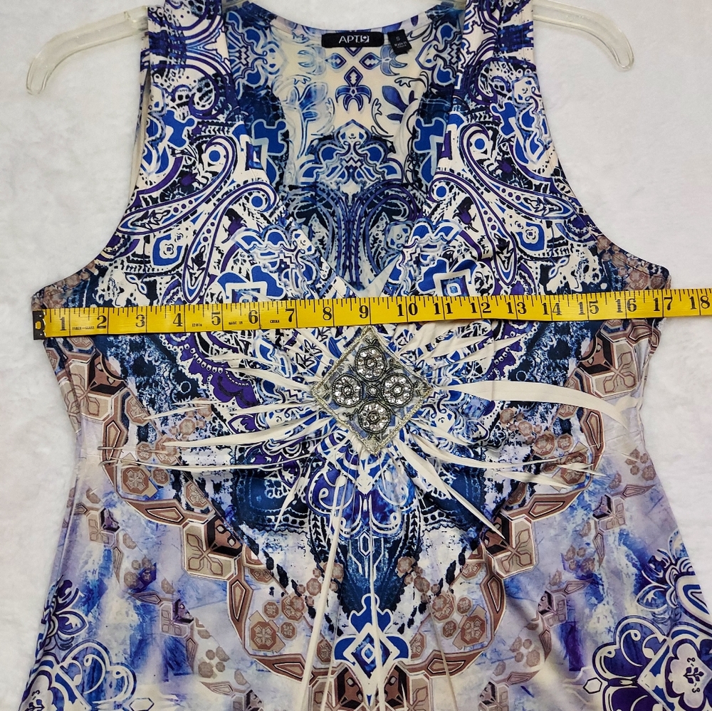 Apt. 9 Blue Cream Tan Design Beaded Detail Sleeveless Stretch Tunic Blouse Sz S - Picture 4 of 9